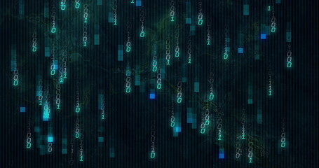 Poster - Streaming binary digits cascading through digital space, with glowing squares and vertical grid