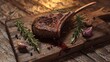 © Huzaifa - A wooden board with a juicy lamb chop cooked to medium-rare perfection