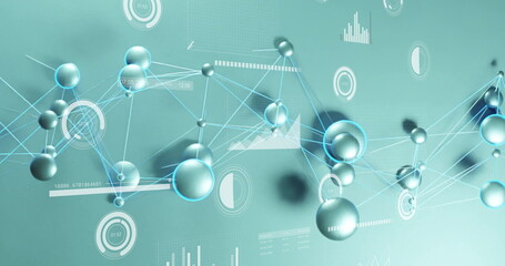 Poster - Network of metallic spheres connecting by neon-blue lines in virtual 3D space, with data gauges