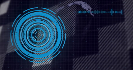Aufkleber - Displaying blue concentric interface on grid dashboard with waveform graph and map silhouette