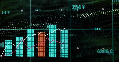 Poster - Displaying turquoise bar columns showing trends on dashboard, with white and purple line graphs