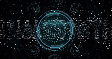 Poster - Displaying central circular HUD interface in network environment, with waveform icons, data points