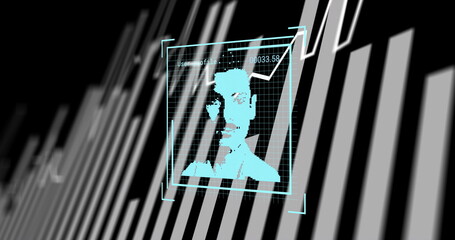 Poster - Cyan pixelated face mesh scanning within holographic frame, with grid overlay and graph display