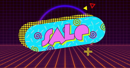 Poster - Hovering turquoise pop-art SALE blob in retro futuristic space, with neon grid and shapes