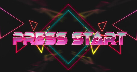 Poster - Neon-gradient PRESS START text glowing on arcade interface, with diamond frame, neon triangles