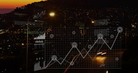 Poster - Overlaying semi-transparent dashboard interface over nighttime city, with glowing data charts