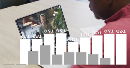Poster - Leaning senior man in red sweater joining laptop call at desk, with smartphone and chart overlay