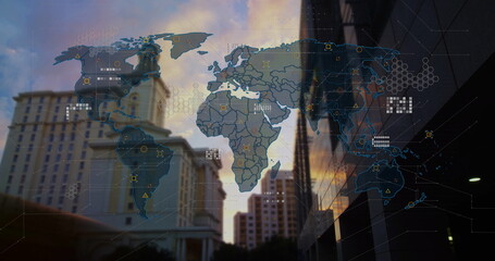 Poster - Displaying digital map overlay linking nodes over city skyline at sunset, showing architecture