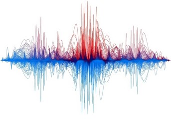 Poster - Abstract Red and Blue Waveform - Symbolizing energy, sound, data flow, rhythm, and frequency. A vibrant visualization of abstract data