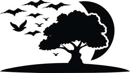 silhouette tree with bats and birds flying at night with moon