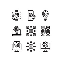 Fototapete - Collection of nine distinct technology and engineering icons featuring gears networks computers and a lightbulb symbolizing innovation and development
