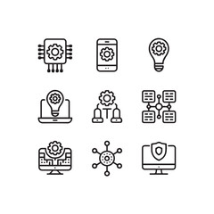 Fototapete - Collection of nine modern technology and innovation icons featuring gears computer chips smartphones lightbulbs and network diagrams