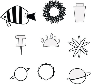 Simple Line Art Illustrations Fish, Wreath, Container, Pin, Paw Print, Starburst, Planets, Sun