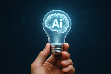 Poster - Human hand holding glowing lightbulb with brain symbol representing artificial intelligence innovation and creative tech solutions for smart digital future ideas