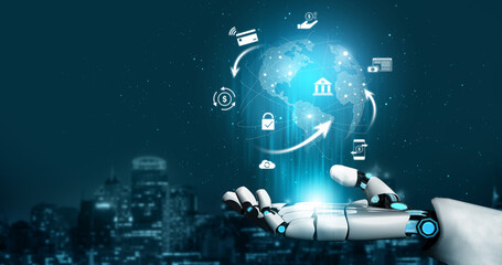 Poster - AI managing digital payment network, verifying transactions, enhancing security, and processing global financial transfers through connected platforms. Vouch