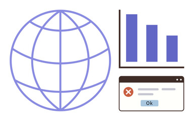 Poster - Globe outline next to bar chart and browser pop-up error. Ideal for technology, analytics, global issues, business, data visualization, error management, communication. Simple flat metaphor