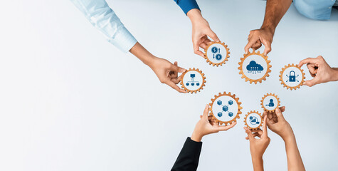 Poster - A diverse group of hands interacts with gears displaying icons that symbolize business data, security, and digital strategy, representing teamwork and collaboration in innovation. Amity