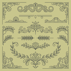 Poster - Elegant Vintage Ornament Collection with Floral and Swirl Elements for Decoration and Design Projects on a Light Brown Background