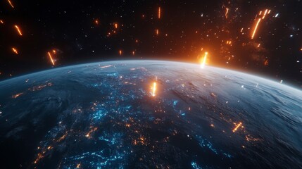 Wall Mural - fiery meteor shower streaks across earth's night side, illuminating city lights below.