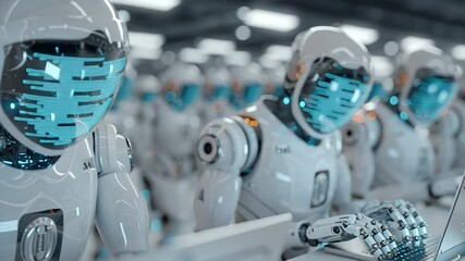 Poster - White robots typing on laptops in modern office