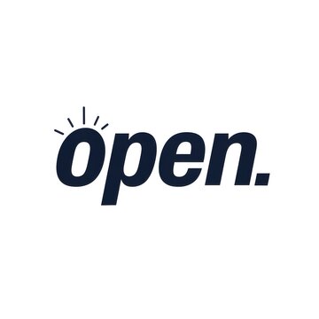 Open text with a sunburst icon. Flat graphic design. Creative word art. Simple concept for business access and welcome.