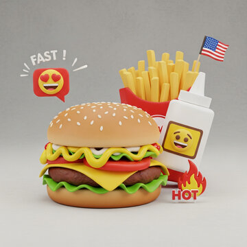 sauce mustard background olated burger icon meal 3d emoji combo design french 3d cartoon white bottle american rendering with hot fast creative set