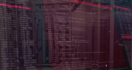 Poster - Red neon beam sweeping over server racks causing code scrolling densifying for data visualization