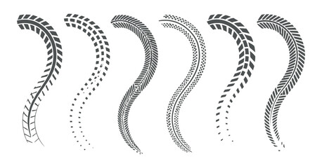 Poster - Four Different Gray Tire Tread Marks on a White Background Representing Various Vehicle Types and Textural Elements for Design and Illustration Purposes