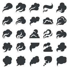 Poster - Set of Steam Smoke Cloud Silhouette Vector Icons Different Shapes Black and White Isolated on White Background Flat Design Style