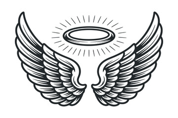 Poster - Elegant Angel Wings with Halo Vector Illustration Symbol of Spirituality Religion and Divine Protection Perfect for Graphic Design and Tattoo Art