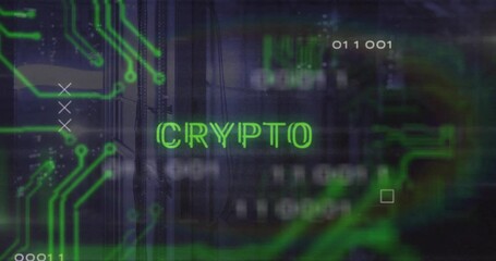 Poster - As darkness rising circuit traces sliding, word CRYPTO glitching forming progress bar for data flow
