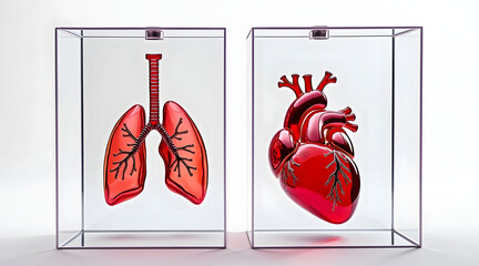 Isometric scene of glass lungs and heart mounted in transparent display boxes with detailed red anatomy and black veins on white background