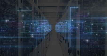 Poster - Blue holographic nodes materializing along server racks, pulsing lines visualizing data flow