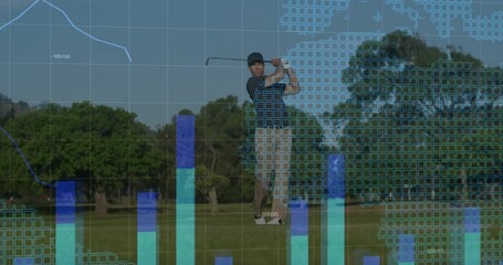 Poster - Golfer swinging club on fairway, animating technology bars, grid, world-map, line graph overlays