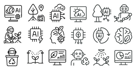 Poster - Line of icons for AI and robots. The icons include a robot, a computer monitor, a person, and a tree
