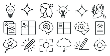 Poster - Series of icons with a pencil and a light bulb. The pencil is used for drawing and the light bulb is used for thinking