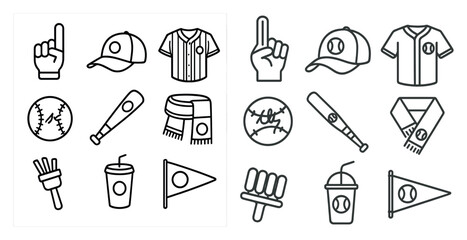 Poster - The image is a collection of sports-related icons and symbols. The icons include baseball bats, baseball gloves, baseballs, baseball caps, and baseball scarves. Scene is energetic and sports-oriented
