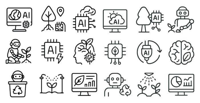 Line of icons for AI and robots. The icons include a robot, a computer monitor, a person, and a tree