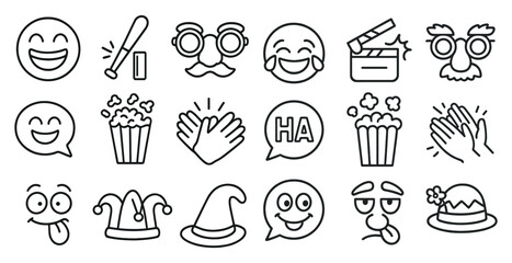 Poster - Collection of black and white emoji icons, including a smiling face with a baseball bat, a smiling face with glasses, a smiling face with a hat, a smiling face with a hand clapping, a smiling face w
