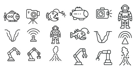 Poster - Collection of various icons including a robot, a submarine, a fish, a camera, and a man in a space suit