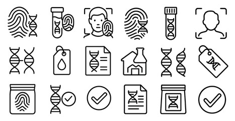 Poster - Set of icons for DNA testing. The icons include a man's fingerprint, a DNA sample, a DNA test tube, a DNA tag, and a DNA house