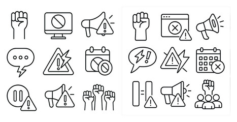 Poster - Set of icons with a theme of warning signs and protests. The icons include a hand with a fist, a person with a megaphone, a person with a sign, and a person with a fist