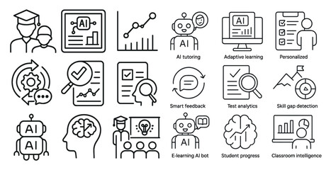 Poster - Set of icons for various educational and learning tools. The icons include a robot, a brain, a person with a magnifying glass, and a person with a check mark