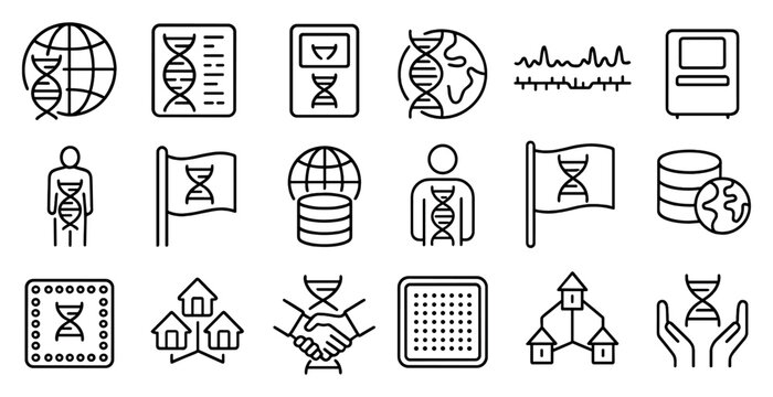 Collection of icons that include DNA, a flag, a house, a person, and a computer