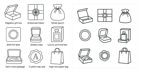 Poster - Collection of different types of boxes and bags, including a gold box, a perfume box, and a paper bag