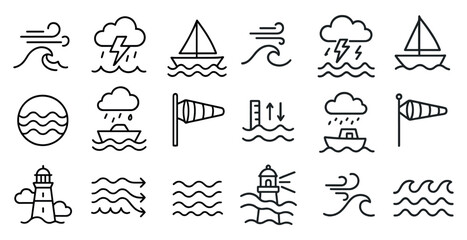 Poster - Collection of water-themed icons, such as a boat, a lighthouse, and a sailboat