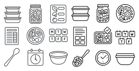 Poster - Collection of food and kitchen items, including bowls, spoons, and cups. Concept of organization and cleanliness, with the various items arranged neatly in a row