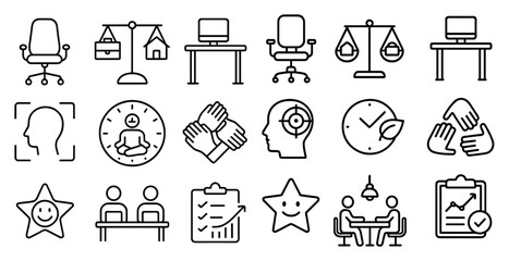 Poster - Collection of office icons including a clock, a chair, a desk, and a person. The icons are all in black and white