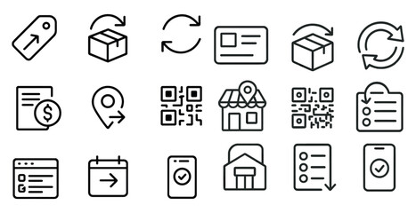 Fototapete - Set of icons for a shopping app. The icons include a shopping cart, a receipt, a box, a check, a phone, a house, a box, a receipt, a box, a check, a phone, a house