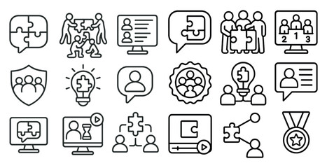 Fototapete - Series of icons depicting people working together. The icons include a person with a light bulb, a person with a shield, a person with a puzzle piece, and a person with a trophy